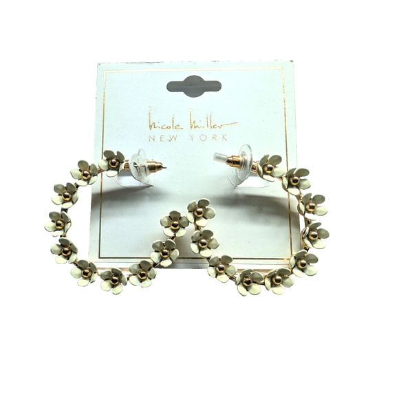 NICOLE MILLER White Gold Flower Daisy Hoop 2" Earrings - Picture 2 of 2